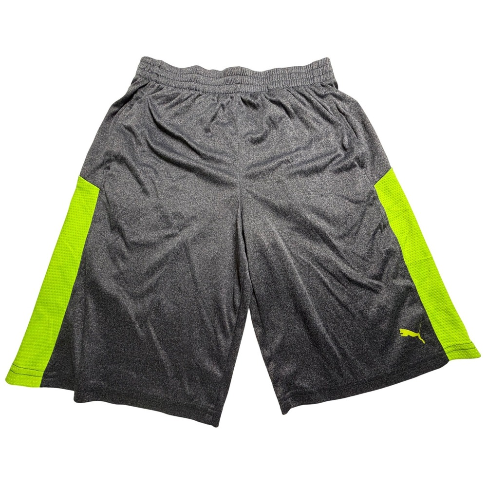 Puma Boys XL 18-20 Athletic Shorts Gray Neon Green Mesh Side Stripe Performance